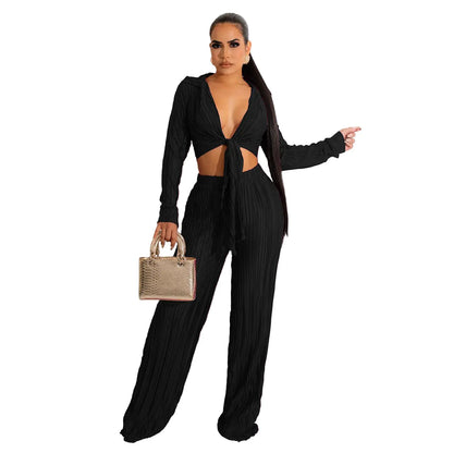 Pleated Lace-up Casual Short Top Suit