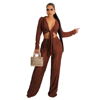 Pleated Lace-up Casual Short Top Suit