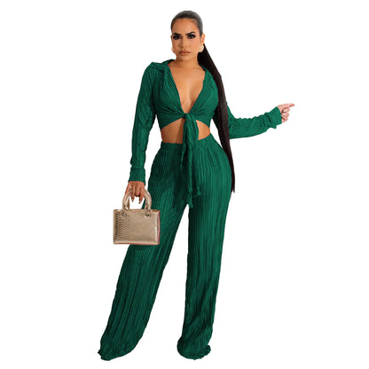 Pleated Lace-up Casual Short Top Suit
