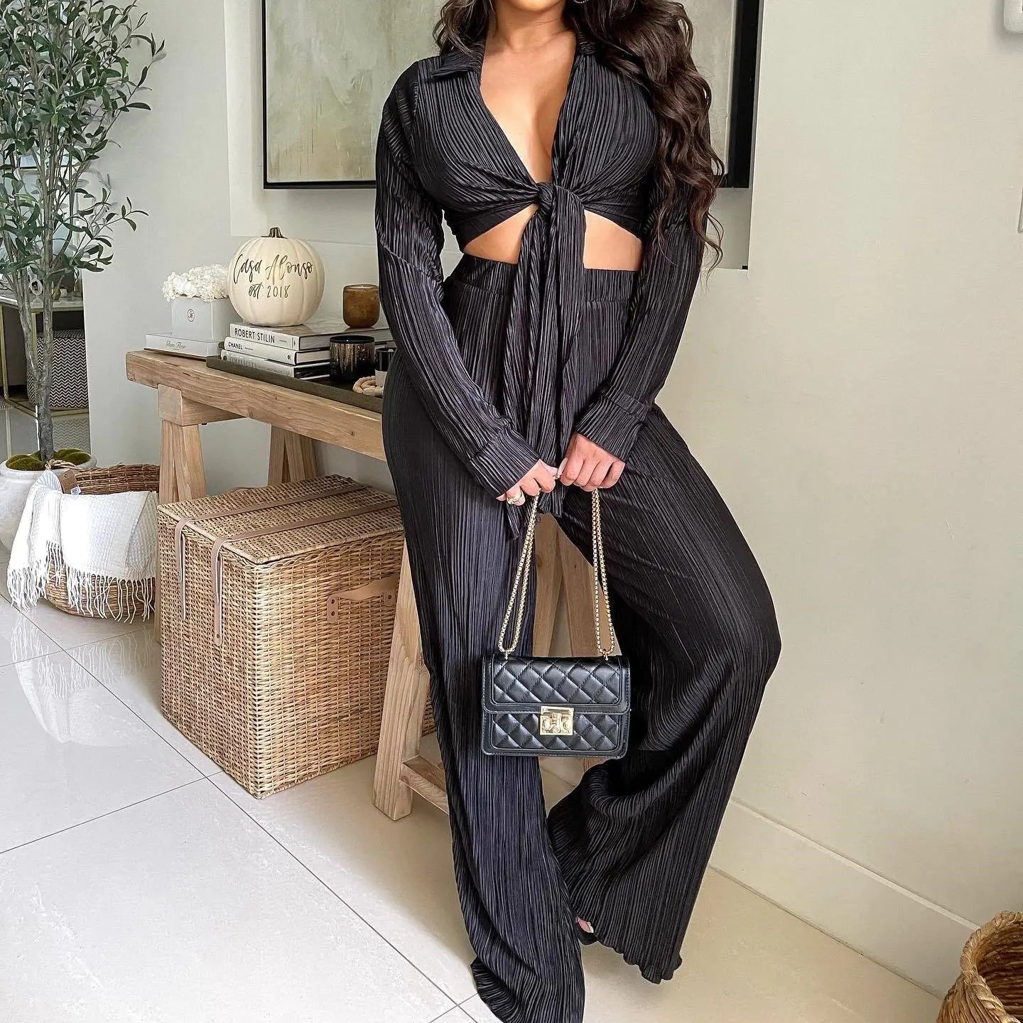 Pleated Lace-up Casual Short Top Suit