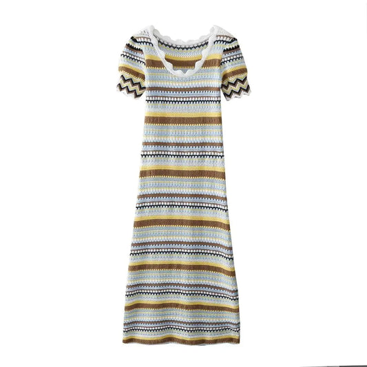 Womens Long Sleeve Knitted Striped U-Neck Dress