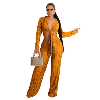 Pleated Lace-up Casual Short Top Suit