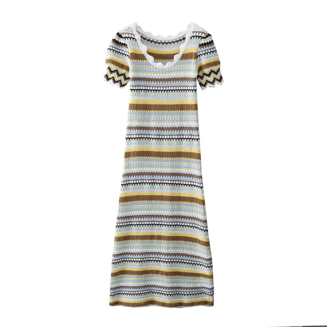 Womens Long Sleeve Knitted Striped U-Neck Dress